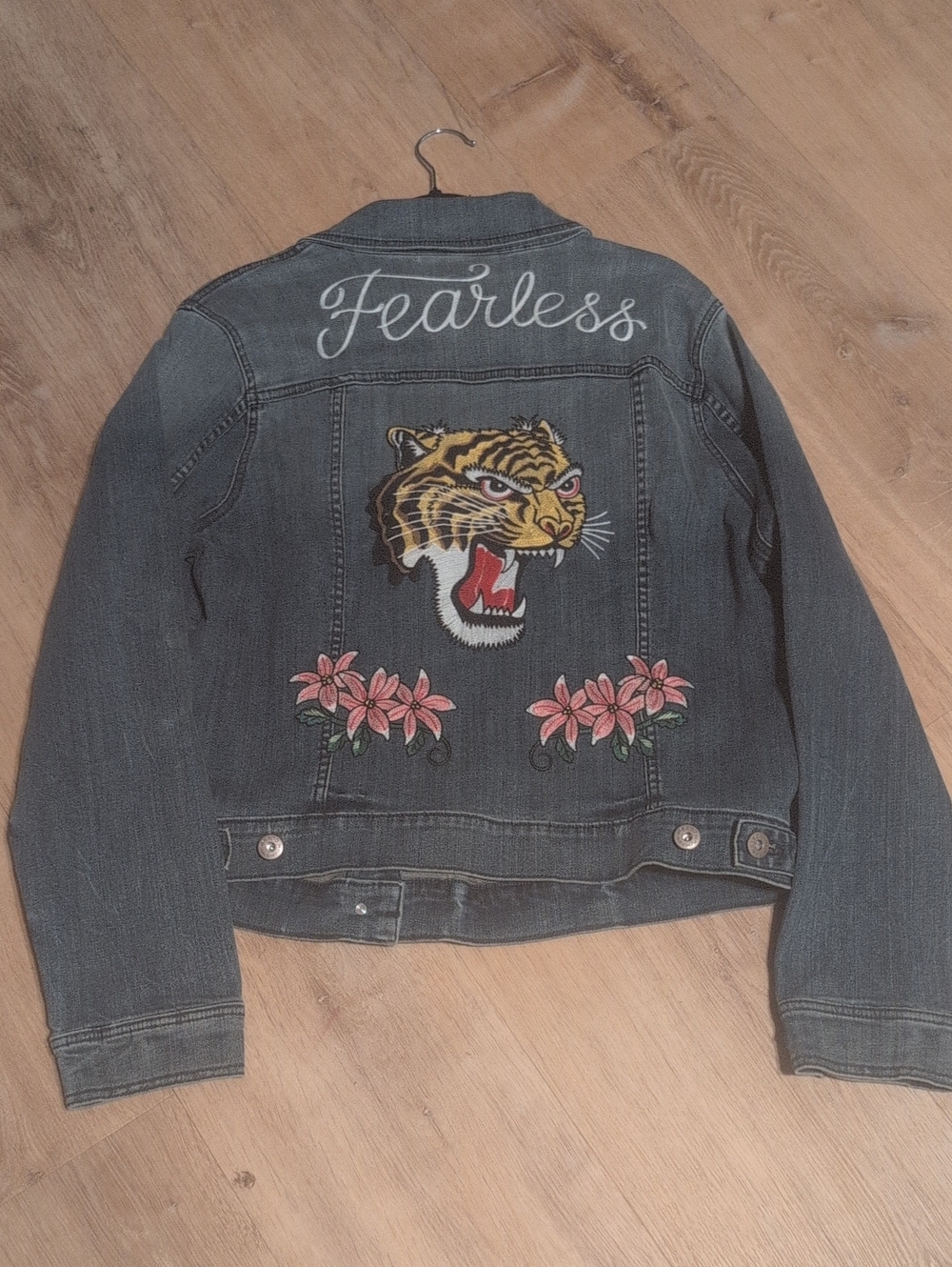 Women's Denim Jacket with Tiger Patch & Pink Floral Embroidery